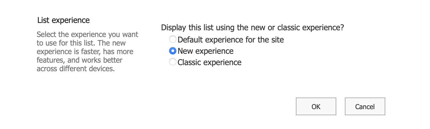 Select List Experience as New Experience